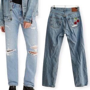 Levi's 501 90s Straight Leg Jeans in Sketch Artist w Cherry Embroidery Patch 26